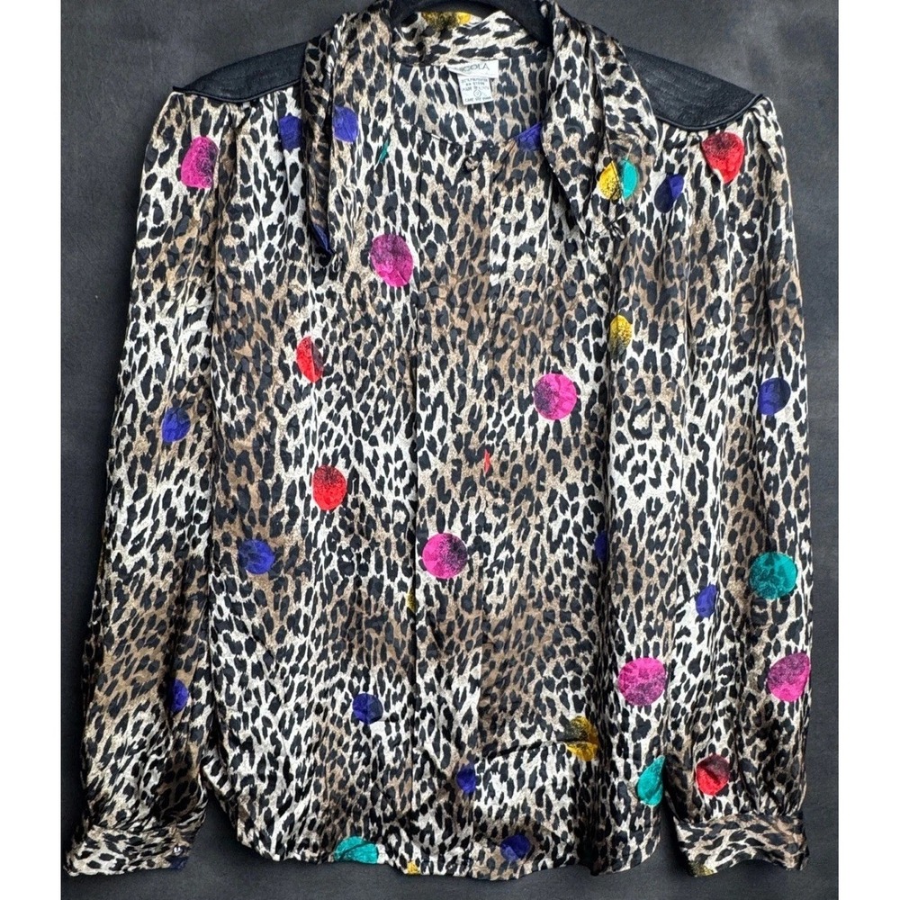 Nicola Vintage Leopard Print Blouse 12 Brown Multicolor Polka Dot 80s Shoulder - Picture 3 of 7
